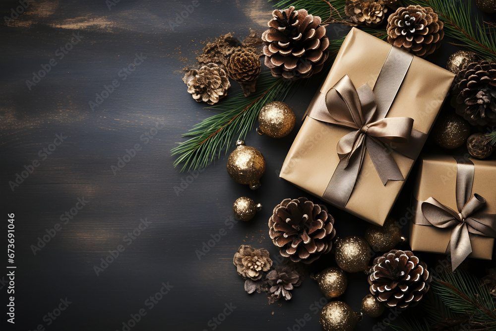 Christmas background with gift box, fir tree branches and golden decorations on dark wooden board. ia generated