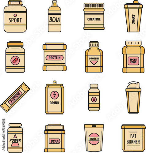 Protein sport nutrition icons set. Outline set of protein sport nutrition vector icons thin line color flat on white