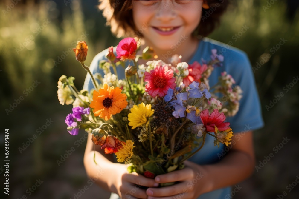 Portrait of boy holding flowers for giving. Portrait of boy holding flowers for giving.