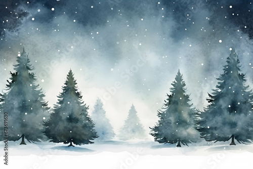 Watercolor style drawing with trees with falling snow in winter landscape and copy space © Firn