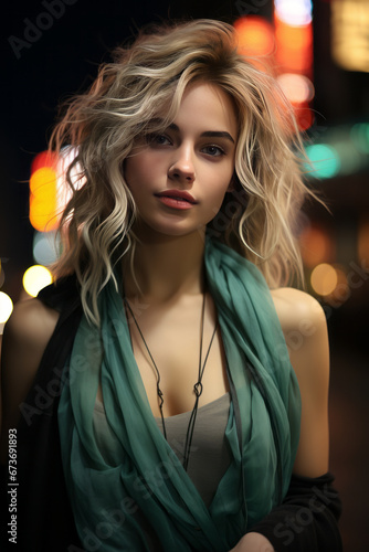 Attractive woman in night cityscape, soft brown and teal hue generative ai © Suralai