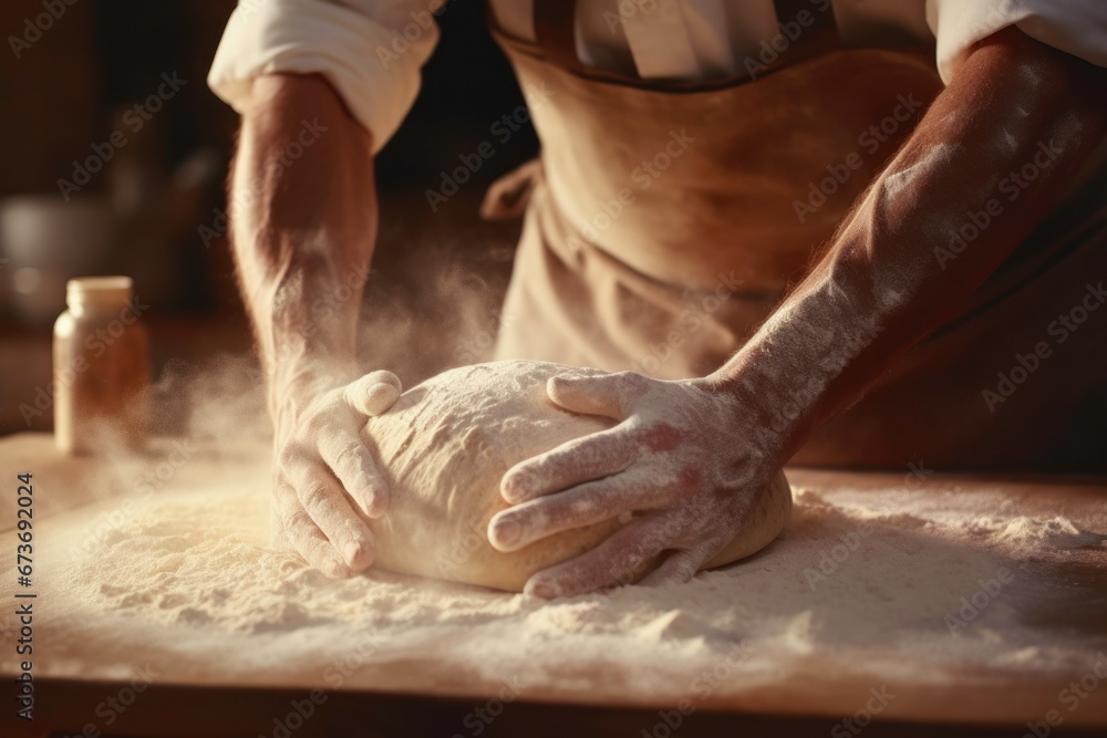 Close up hand of baker male kneading dough for fresh bread.