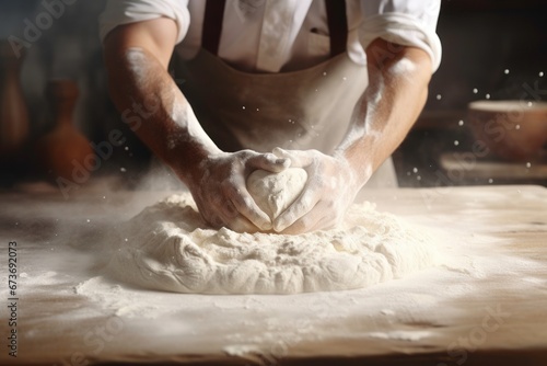 Close up hand of baker male kneading dough for fresh bread.