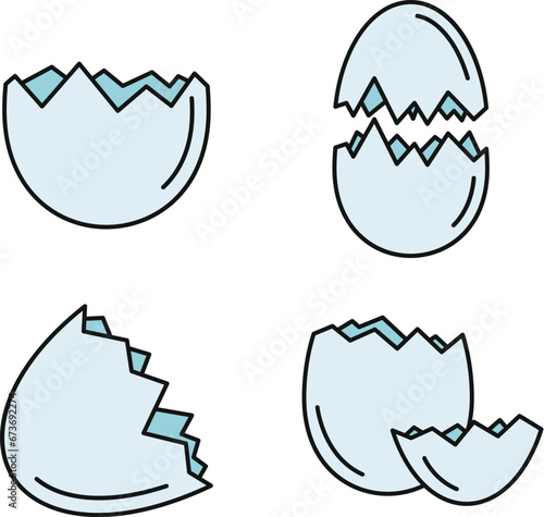 Broken eggshell icons set. Outline set of broken eggshell vector icons thin line color flat on white