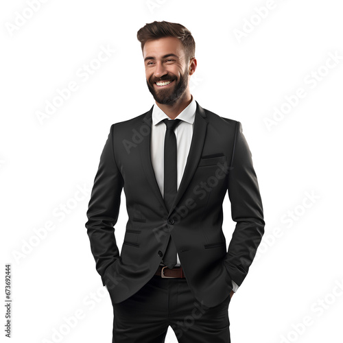 Businessman smiling happily at success on PNG transparent background