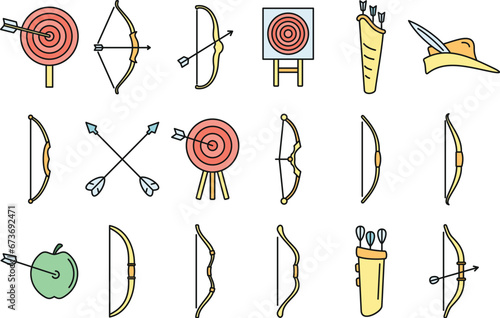 Accuracy archery icons set. Outline set of accuracy archery vector icons thin line color flat on white