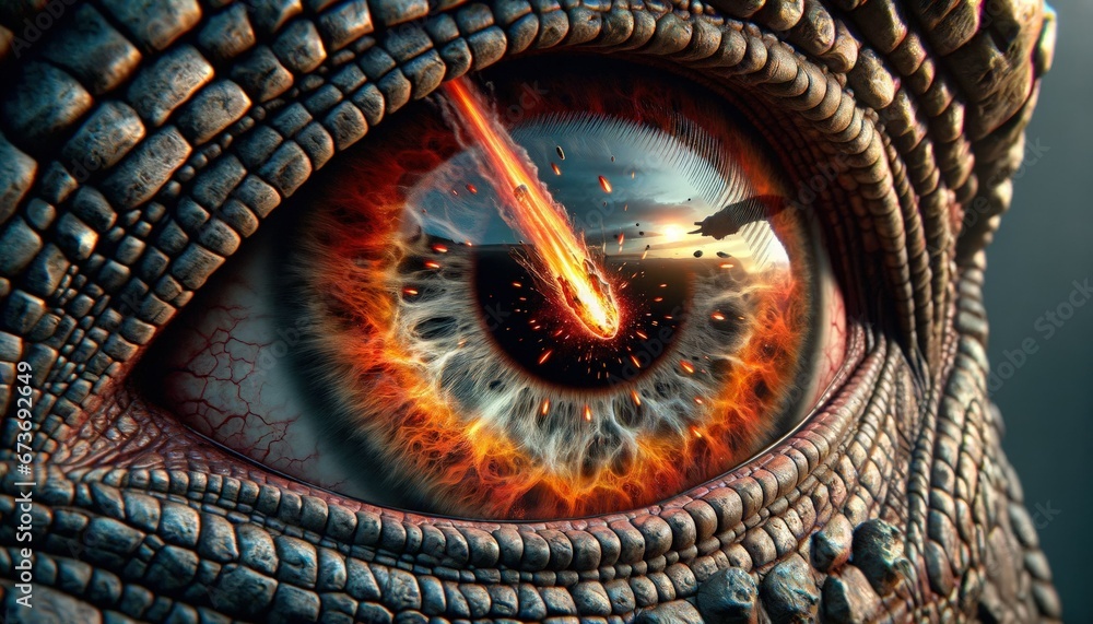 Close-up of a dinosaur's eye reflecting an incoming meteorite.