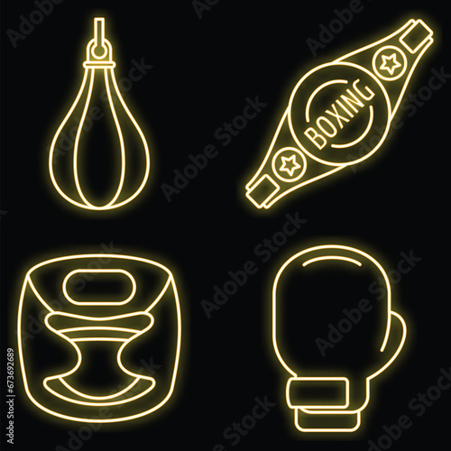 Boxing equipment icons set. Outline set of boxing equipment vector icons neon color on black