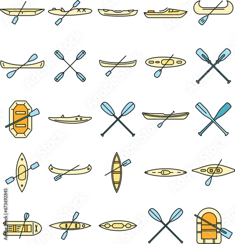 Extreme canoeing icons set. Outline set of extreme canoeing vector icons thin line color flat on white