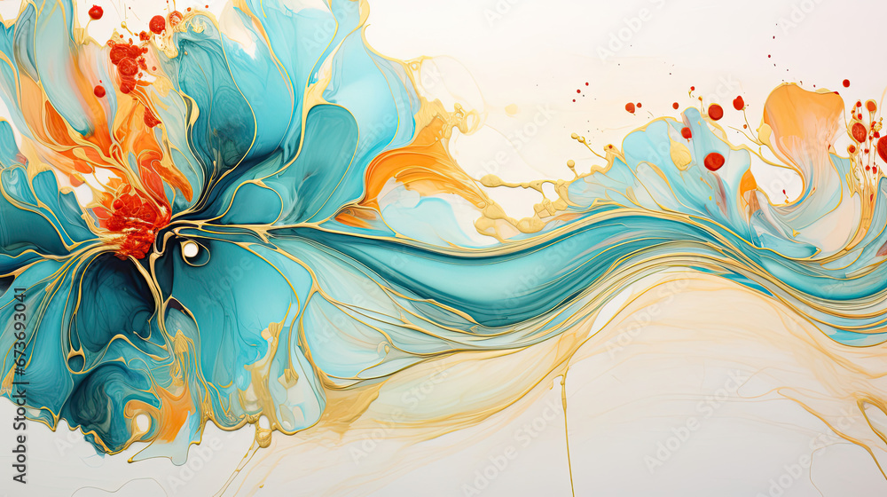 Vibrant marbled ink with coral petals and gold lines Vibrant marbled ink with coral petals and gold lines