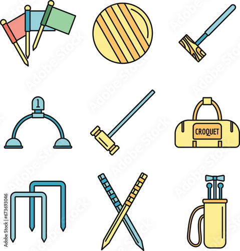 Croquet equipment icons set. Outline set of croquet equipment vector icons thin line color flat on white
