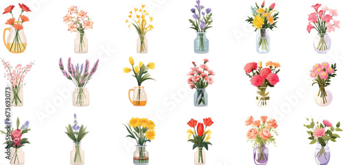 Set of cute childish flower vases drawn on a white background.
