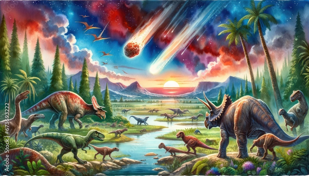 Watercolor of dinosaurs before asteroid impact