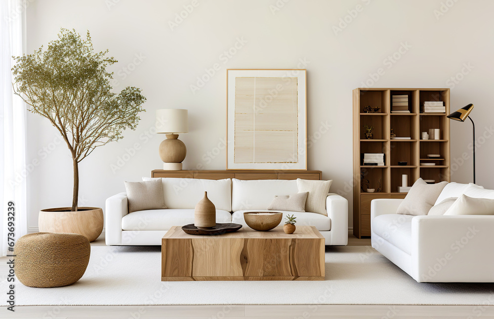 Two white sofas against wooden sideboard and bookcase. Scandinavian home interior design of modern living room.