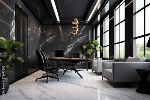 Office room design with black marble walls big window and chair and table. Created with Ai