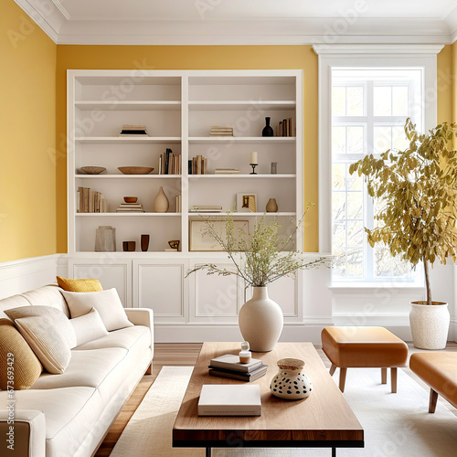 Beige sofa near built-in bookcase. Classic home interior design of modern living room. © Vadim Andrushchenko