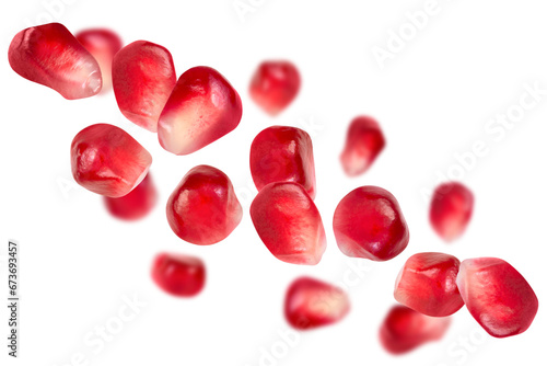 Levitation of pomegranate seeds isolated on transparent background.