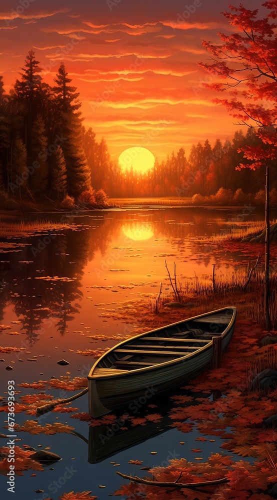 Sunset on the lake. AI generated art illustration.