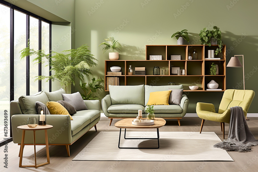 Green sofa and chair against green wall with book shelf. Scandinavian home interior design of