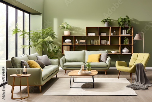 Green sofa and chair against green wall with book shelf. Scandinavian home interior design of modern living room with greenery.