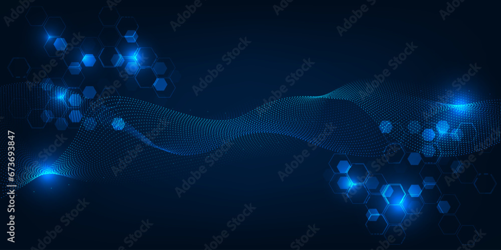 Abstract blue futuristic digital hi tech technology background with wave wireframe movement and digital circuit network for advertising and game artwork. - obrazy, fototapety, plakaty 