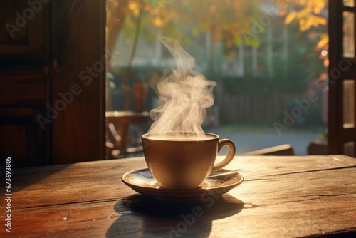 Cup of hot coffee serve in the morning at home, wallpaper background quote.