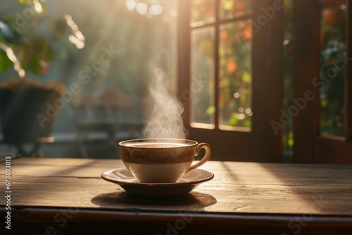 Cup of hot coffee serve in the morning at home, wallpaper background quote. © Moon Story
