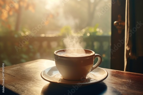 Cup of hot coffee serve in the morning at home, wallpaper background quote.