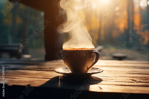 Cup of hot coffee serve in the morning at home, wallpaper background quote.