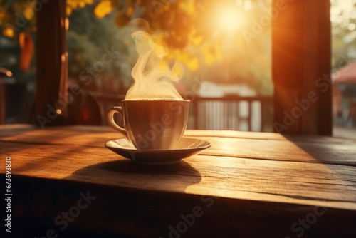 Cup of hot coffee serve in the morning at home, wallpaper background quote. photo