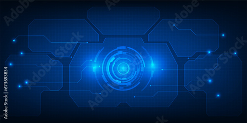 Vector illustration of futuristic digital technology background with circle tech head up display,grid field and circuits network curve panel for advertising and game graphic 