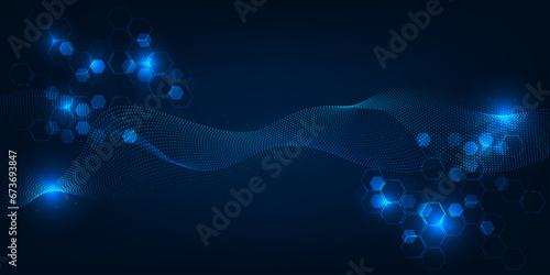 Abstract blue futuristic digital hi tech technology background with wave wireframe movement and digital circuit network for advertising and game artwork.