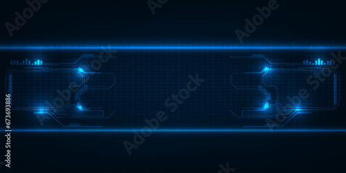 Vector illustration of futuristic digital technology background.Horizontal digital space with glowing dot pattern and tech circuits network for advertising and game graphic artwork.