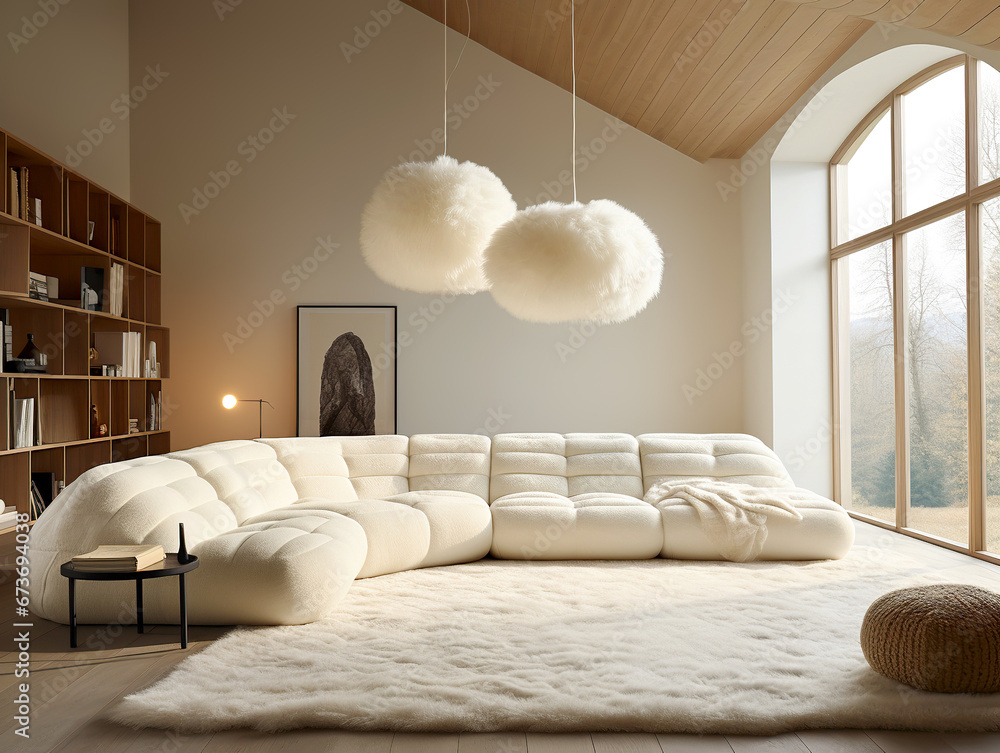 Tufted curved sofa against arched window. Bookcase and fluffy fur pendant lamps. Minimalist luxury home interior design of modern living room in villa. - obrazy, fototapety, plakaty 