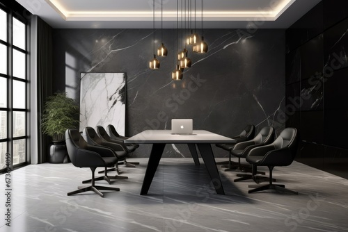 Office room interior design with a black background and black chairs and table. Created with Ai