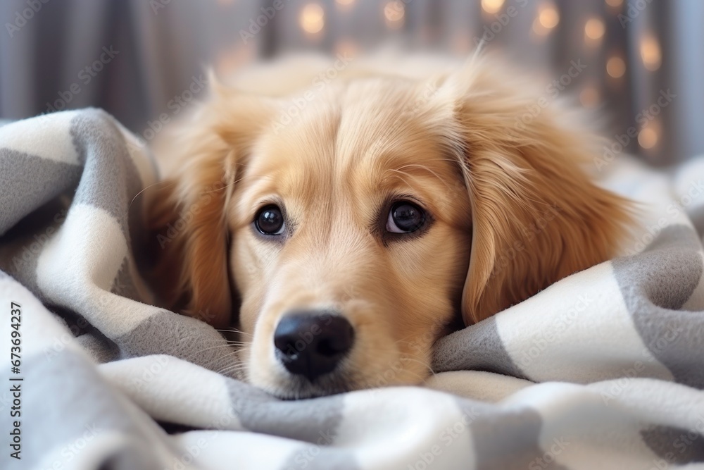 Tired retriever golden dog lay down under blanket. Tired retriever golden dog lay down under blanket.