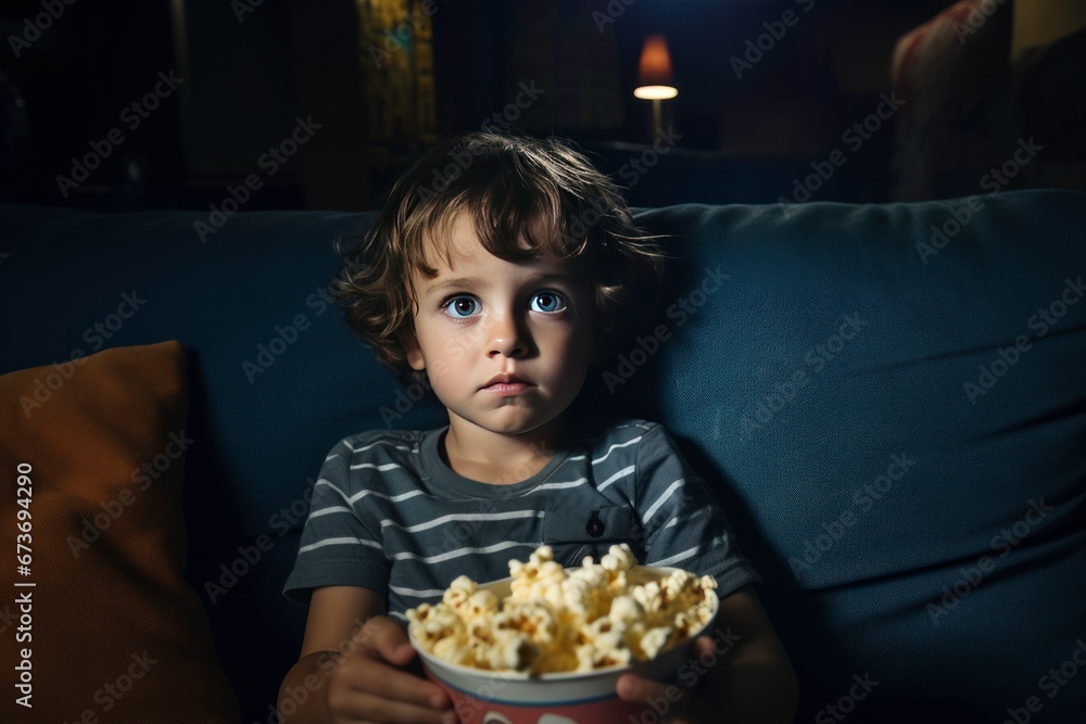 Adorable little boy watching movie night alone at room with big bowl of popcorn in hand.