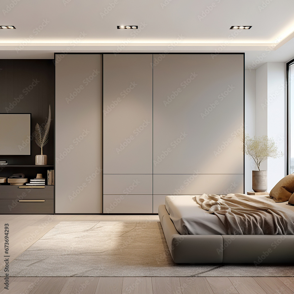 Grey wardrobe in minimalist style interior design of modern bedroom. - obrazy, fototapety, plakaty 