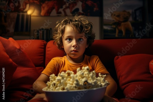 Adorable little boy watching movie night alone at room with big bowl of popcorn in hand.