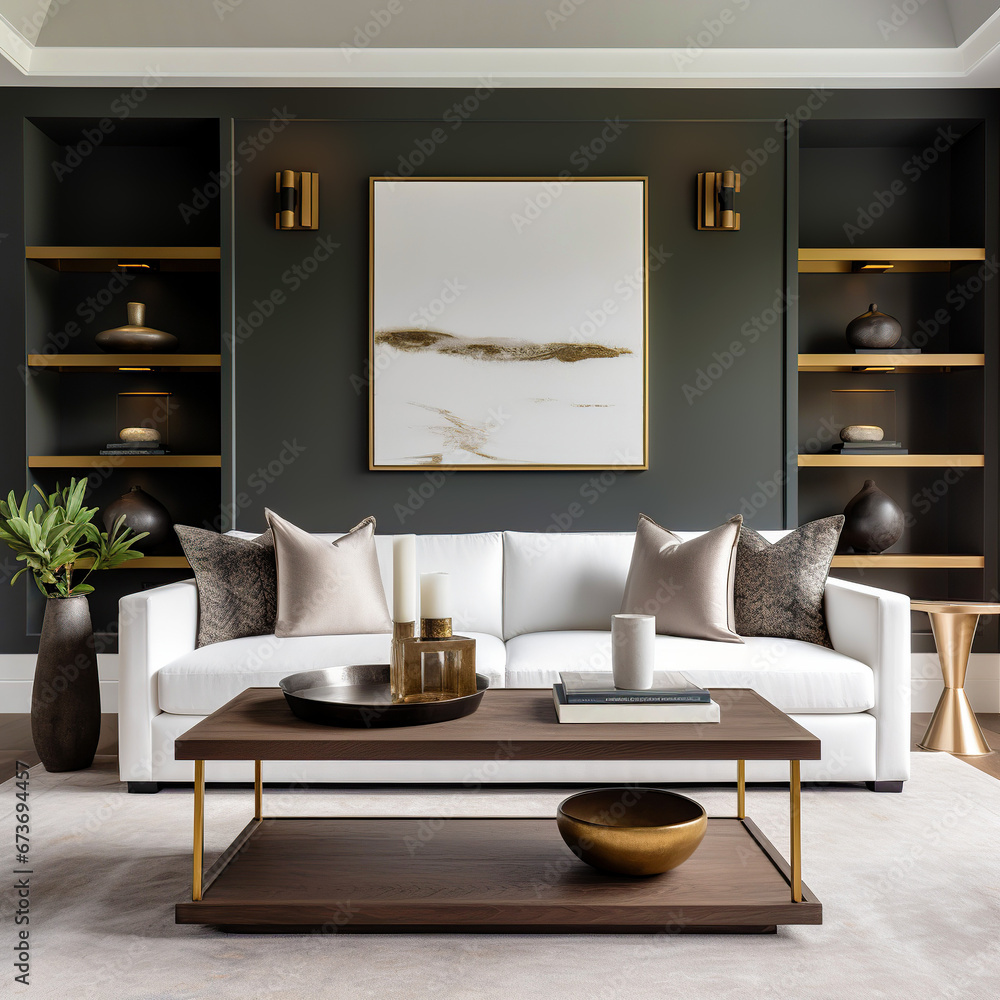 White sofa against black wall with built in shelves. Art deco home