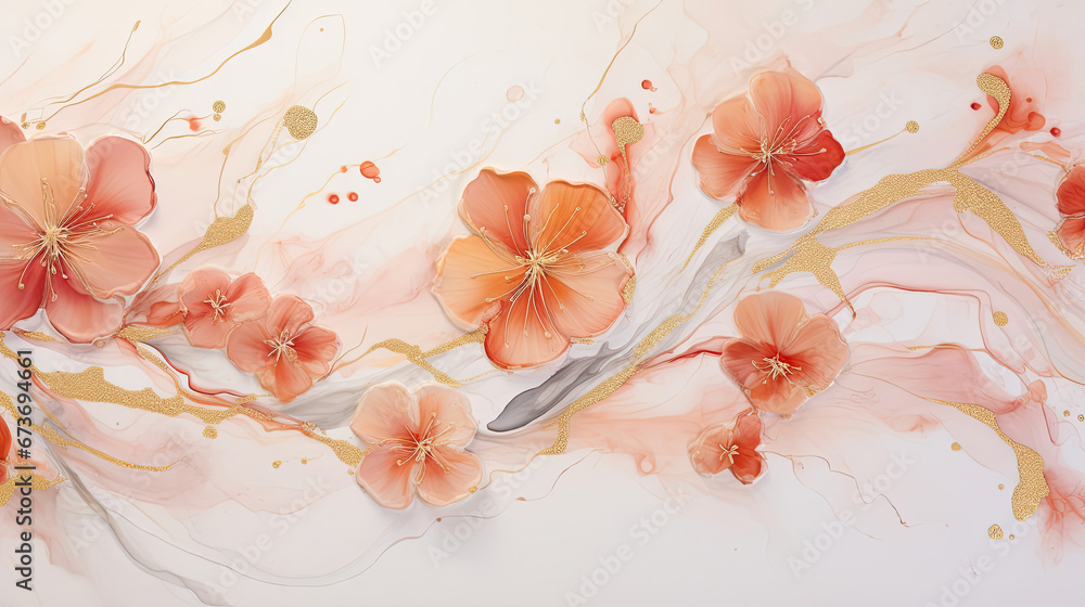 Whimsical ink masterpiece featuring swirling blossoms in shades of coral and apricot entwined with golden details