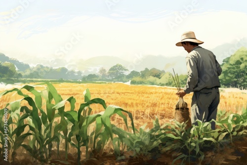 Water color drawing of male farmer working in the wheat fields.