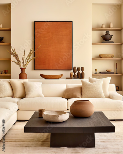 Accent black wooden coffee table near beige sofa against wall with shelves. Country boho home interior design of modern living room.