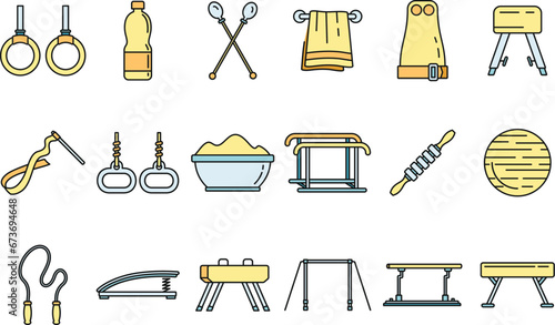 Modern gymnastics equipment icons set. Outline set of modern gymnastics equipment vector icons thin line color flat on white