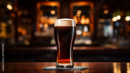 Glass of dark beer on a wooden table in a pub or restaurant