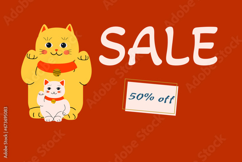 asian sale banner with maneki cat, 50 off