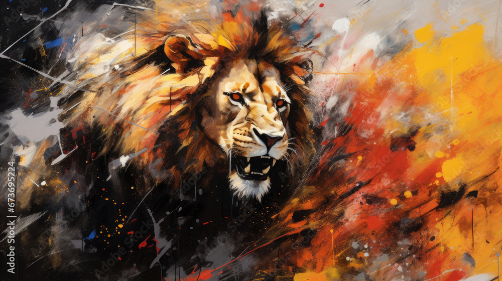 Dynamic abstract oil acrylic painting illustration of majestic lion palette knife on canvas Dynamic abstract oil acrylic painting illustration of majestic lion palette knife on canvas