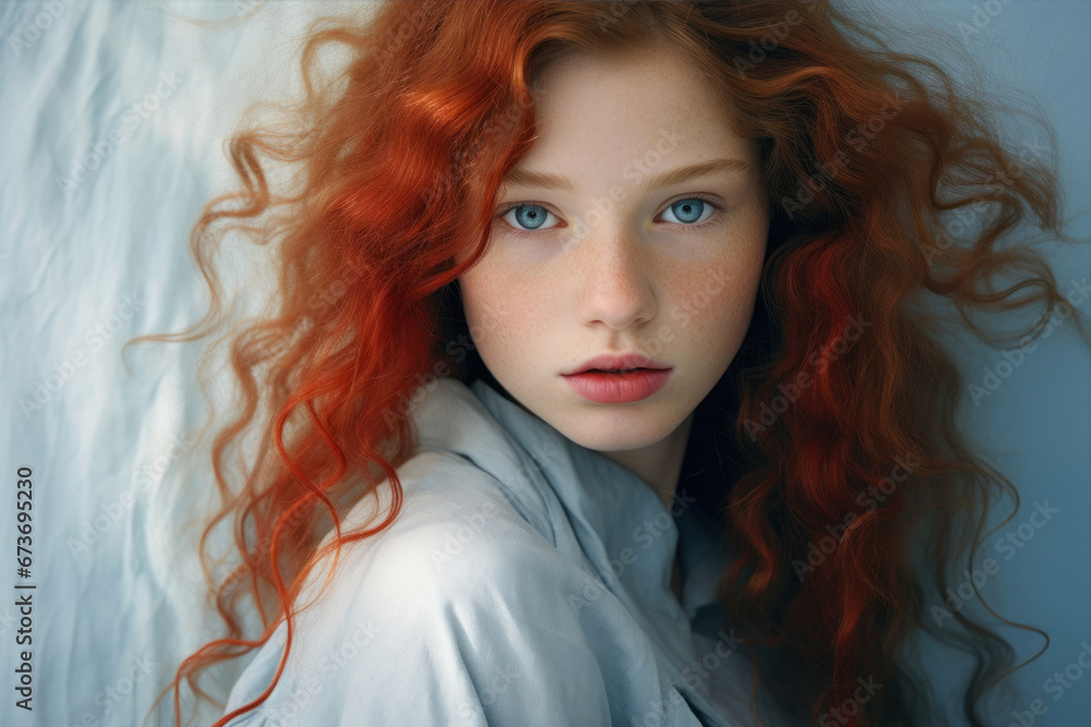 Portrait of a beautiful red-haired girl with long hair.