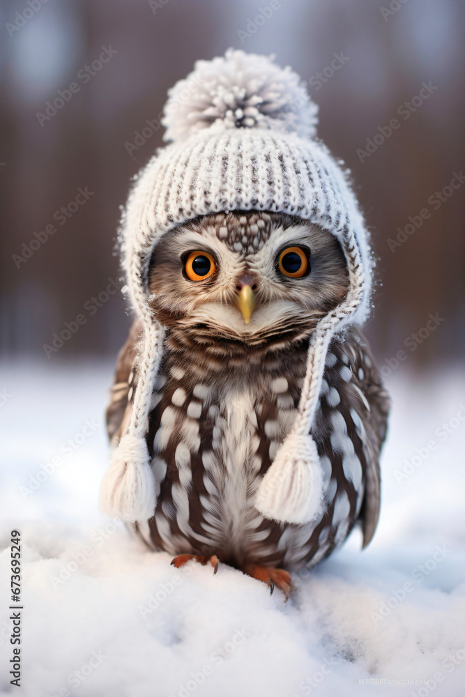 Frontal view of an owl with hat and scarf in winter for Christmas