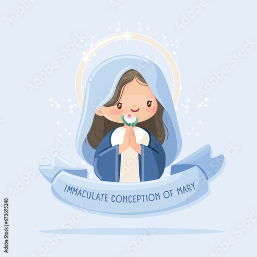 Feast of the Immaculate Conception. Virgin Mary praying with a flower